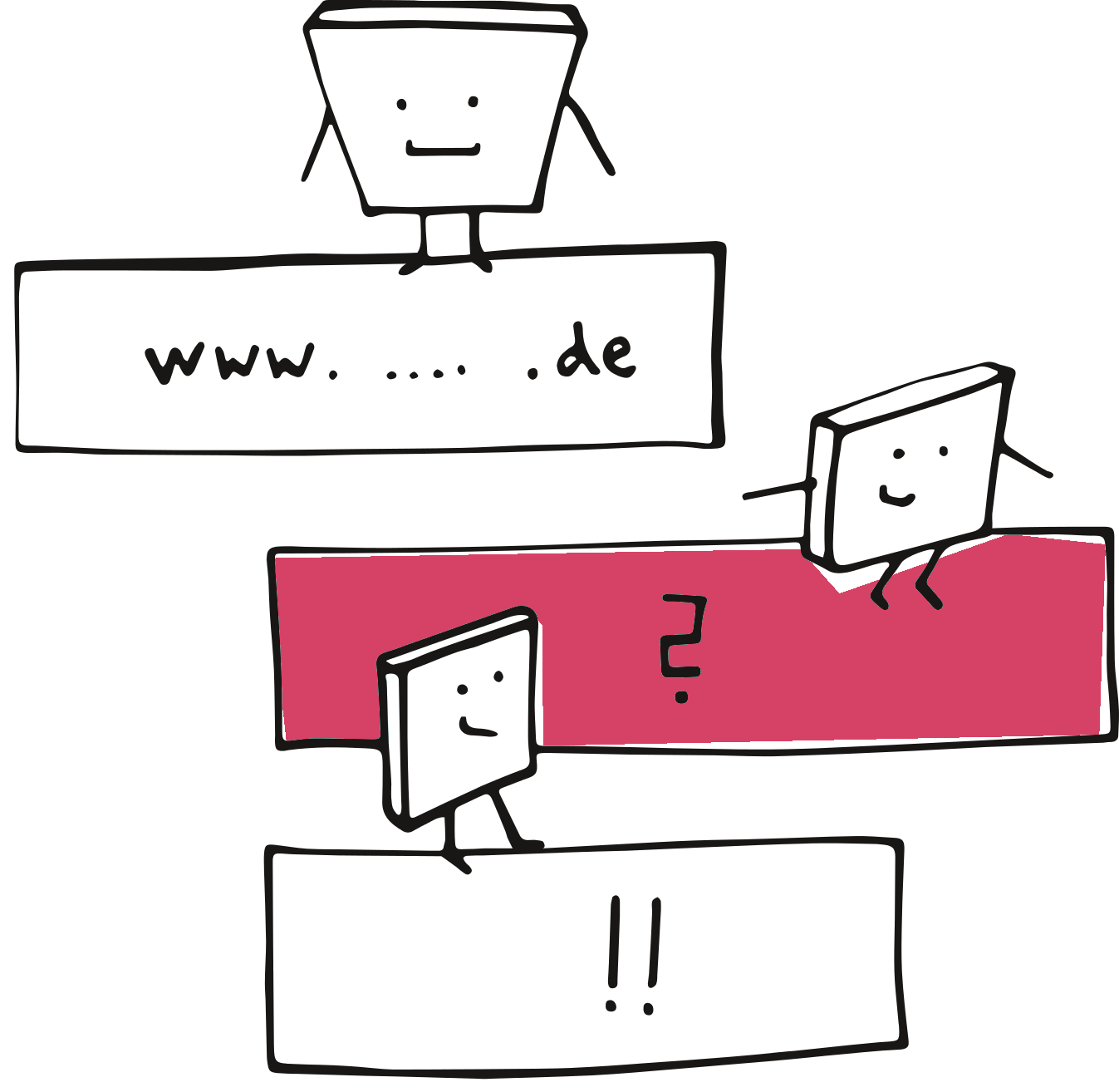 Grafische Darstellung mit drei beschrifteten Boxen. Die erste enthält den Test "www. ... .de", die zweite ein Fragezeichen und die dritte zwei Ausrufezeichen. Kleine Comicfiguren tanzen auf den Boxen.